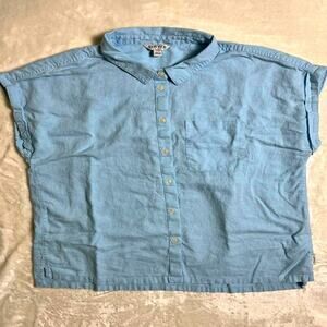 Orvis Linen Button Up Shirt Women's L Sleeveless Light Blue Summer Beach Coastal